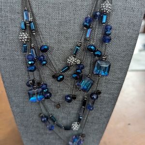 Blue crystal and beaded tiered necklace